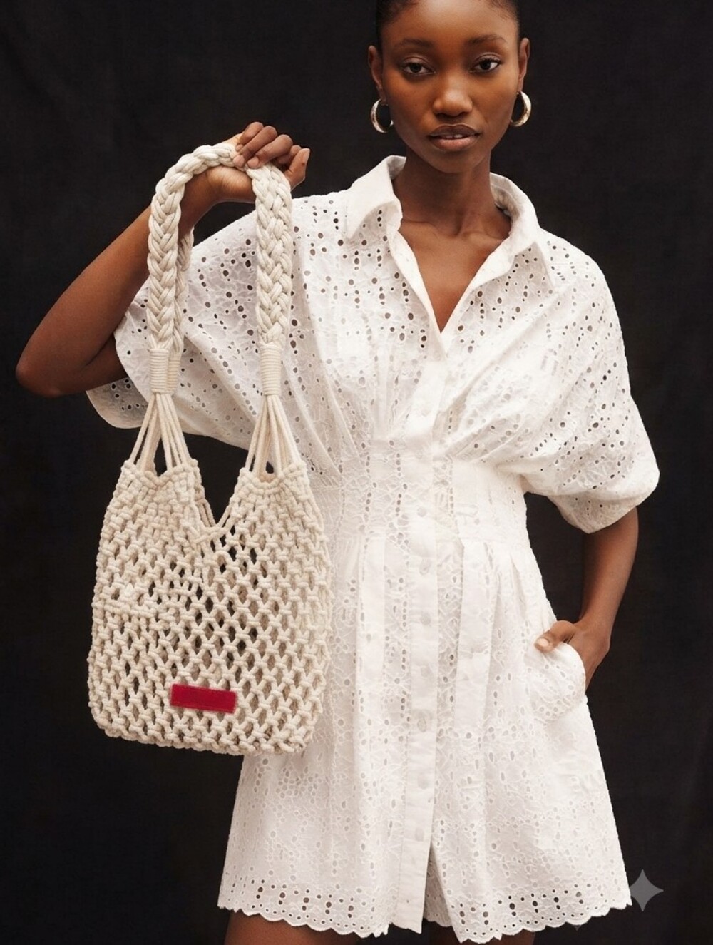 NWT Cal Style Eyelet Button-up Front Shirt Dress Pockets Lined L & Crochet Bag